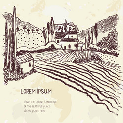 Rustic Farm Sketch - Hand Drawn Landscape Vector Image
