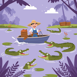 man rowing boat through alligator infested waters vector image