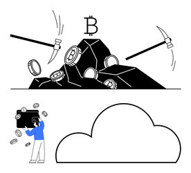 bitcoin mining with pickaxes and digital wallets vector image