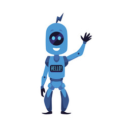 cheerful mascot robot waving hand with hello text vector