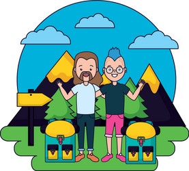 Two men camping tent mountains landscape Vector Image