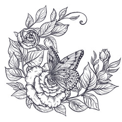 Elegant Rose Bouquet with Butterfly Vector Image