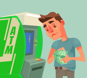 man character receive and count money near atm vector