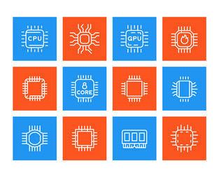 Chipset microchip cpu line icons set vector