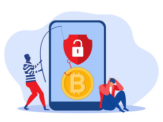 Cyber hacker fishing up bitcoin from a mobile vector