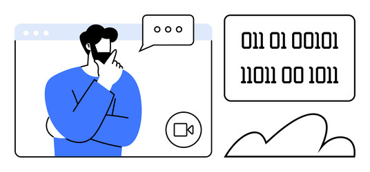 man thinking during online video call with binary vector image