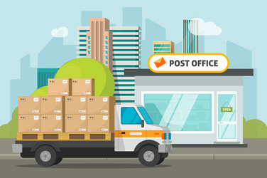 Post office on city street and cargo truck loaded vector