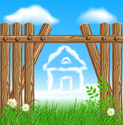 Wooden fence with clouds house vector