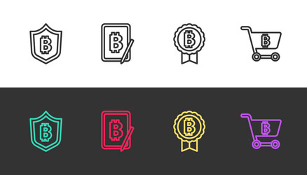 set line shield with bitcoin mining from tablet vector image