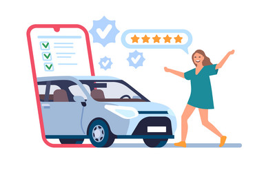 woman rents or buys car online people making vector