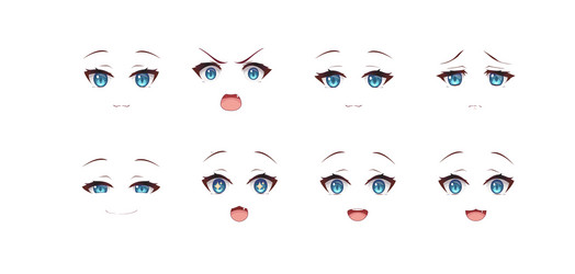 Anime manga necko cat girl expressions eyes set vector