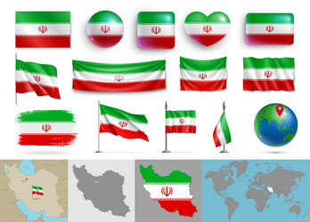 Iran flags of various shapes and geographic map vector