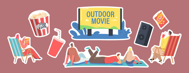 set stickers outdoor movie open air cinema vector