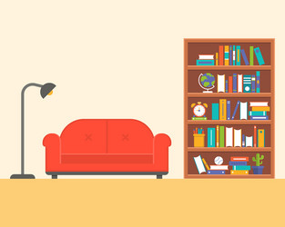 Lamp with sofa and book shelf flat design vector