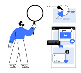 man analyzing digital content with magnifying vector image