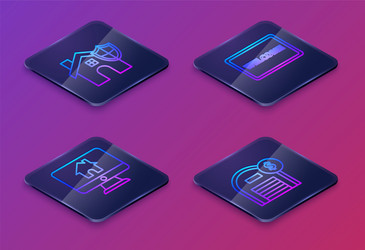 set isometric line house with shield computer vector image