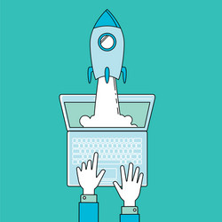 startup - line design rocket launch and smoke vector image