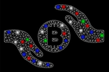 Bright mesh 2d bitcoin care hands with flash spots vector