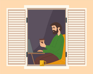 Guy working with computer and drinking coffee vector