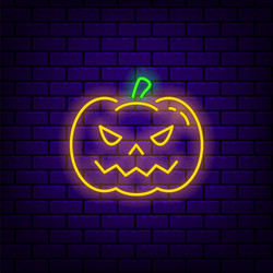 Neon pumpkin icon on dark brick background vector