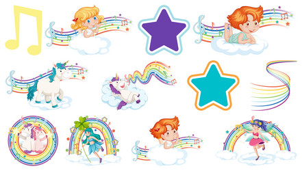 Set of fantasy fairies and cupids with rainbow vector