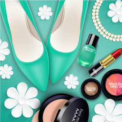 Sets of cosmetics on green background vector