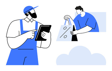 delivery worker in uniform using tablet customer vector image