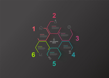 Six colorful hexagon progress steps with icons vector