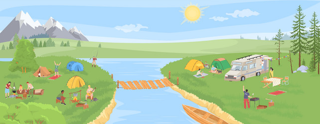 camp in mountain valley at river bank Vector Image