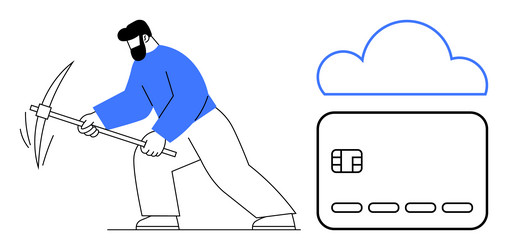 man with pickaxe mining data near credit card icon vector image