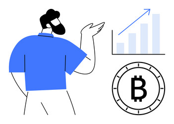 man explaining bitcoin growth with bar chart vector image