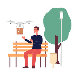 drone delivery with man getting package flat vector image