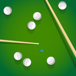 Pool stick and balls on green billiard table while vector