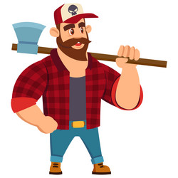 Lumberjack axeman with axe in hands carpentry Vector Image