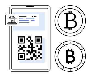 smartphone displaying qr code and bitcoin symbols vector image