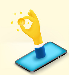 man holding bitcoin in a hand using smartphone vector image