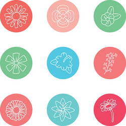 Flowers inside circles line block style icon set vector