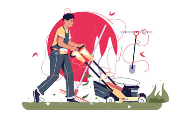 male gardener mows grass with lawn mower vector