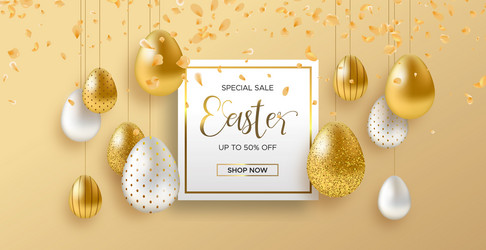 spring easter web sale banner with gold luxury egg vector