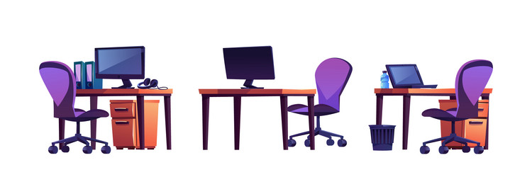 Desktops with computers isolated empty workplace vector