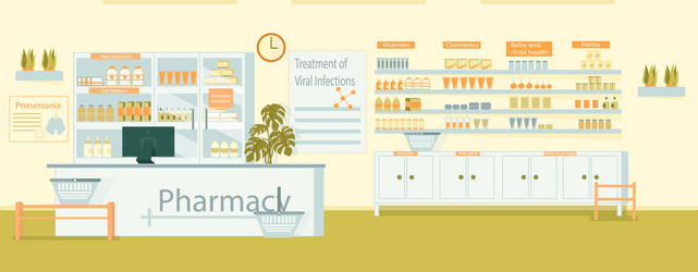 interior pharmacy counter with cash register vector