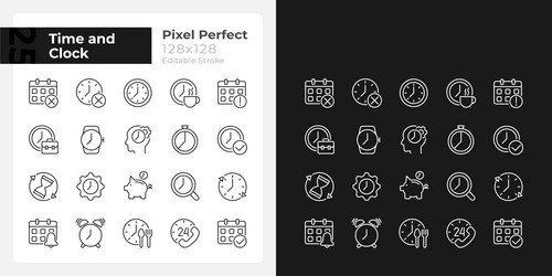 Time and clock pixel perfect linear icons set vector