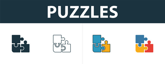 Puzzles icon set four elements in different styles vector