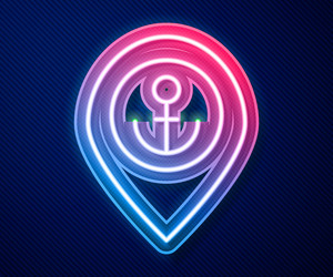glowing neon line map pointer with anchor icon vector image