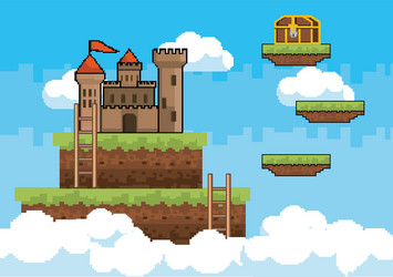arcade game world and pixel scene design vector image