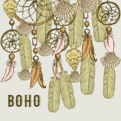 Boho background with feathers and shells vector