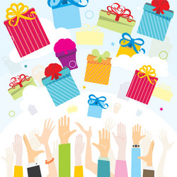 Gifts falling from sky to people hands vector