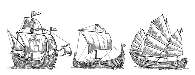 caravel drakkar junk set sailing ships floating vector image