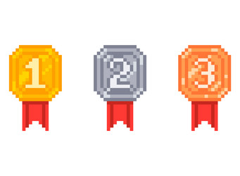 Set of medals with numbers in pixel art style vector