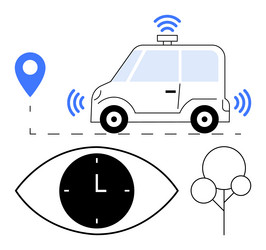 autonomous vehicle with map pin clock and tree vector image